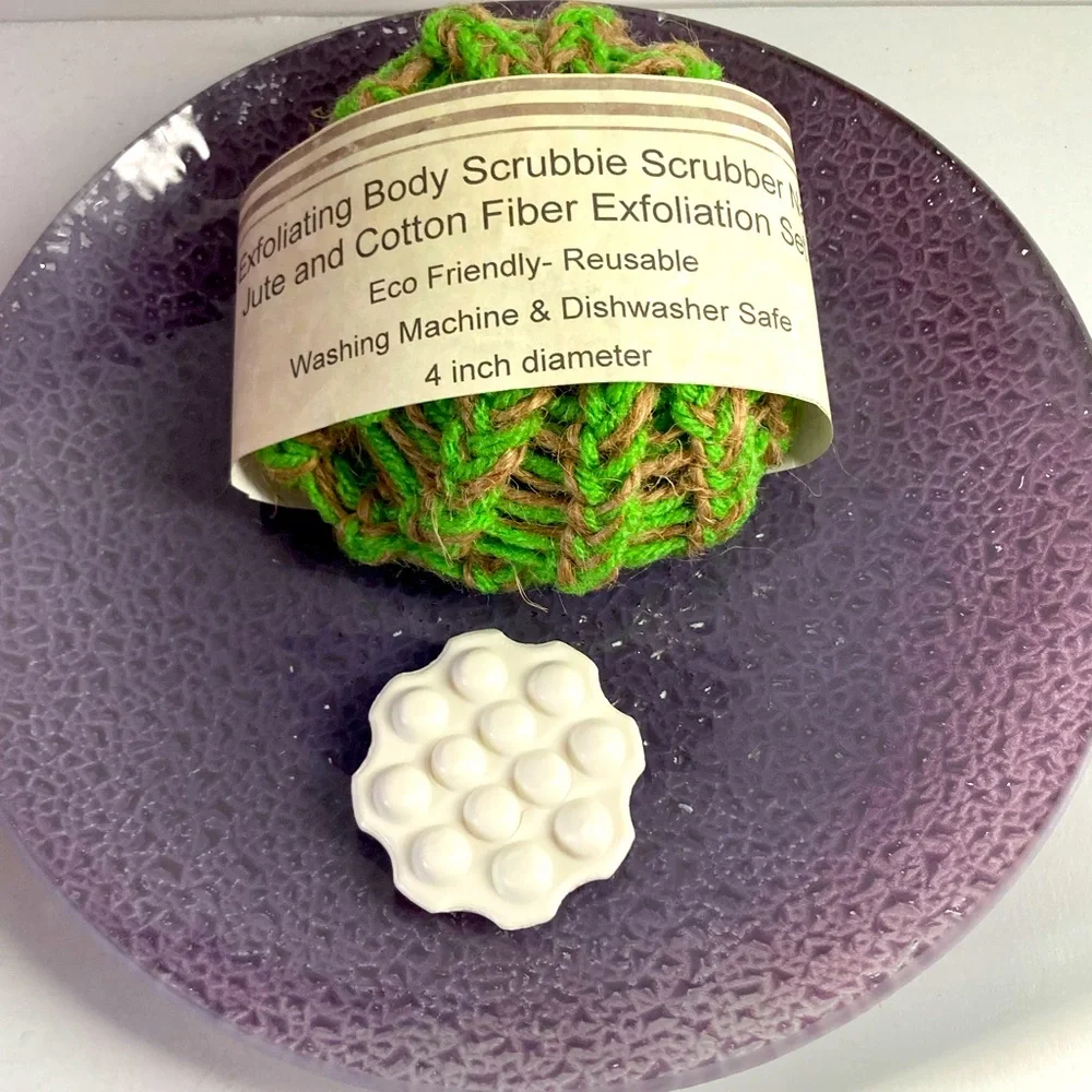 Triple Milled Soap with Face and Body Wash Tan Neon Apple Green Scrubbies Set